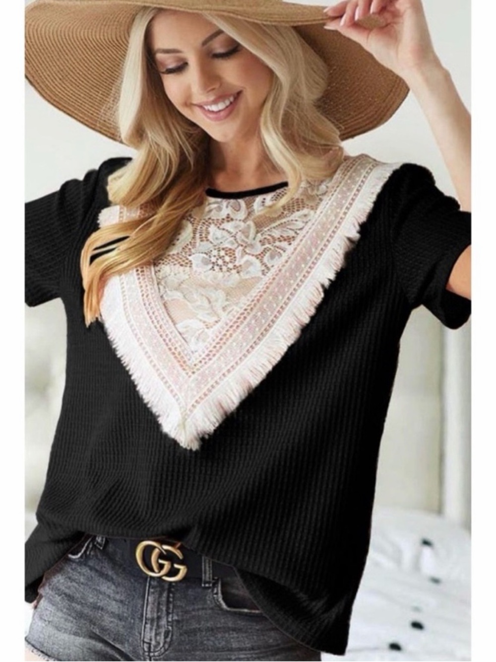 NEW! BIBI BOHO BLACK WAFFLE KNIT WITH LACE AND FRINGE CROCHET LACE DETAILED TOP